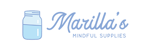 A logo-style graphic with a light blue mason jar illustration and the text 'Marilla's Mindful Supplies' in light blue on a white background.