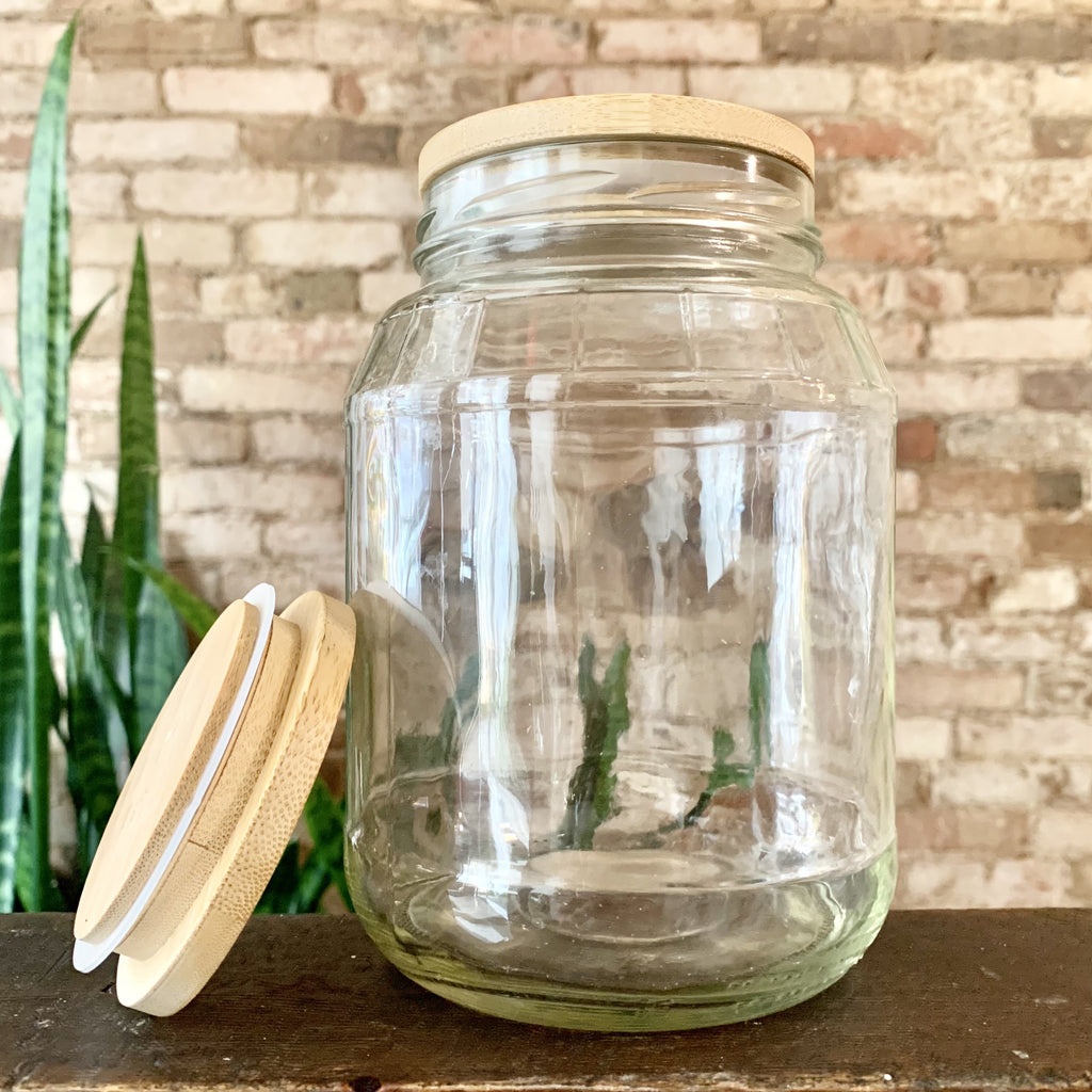 zero waste reusable bamboo jar lid on wide mouth glass jar