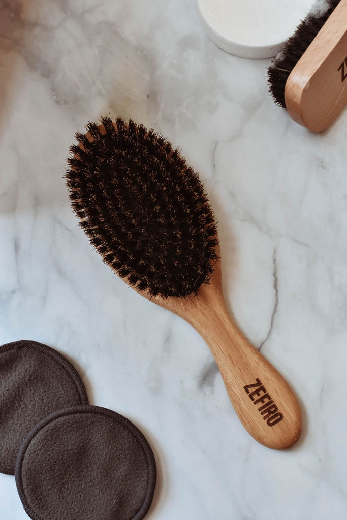 Bamboo and natural boar soft bristle plastic free hair brush. 